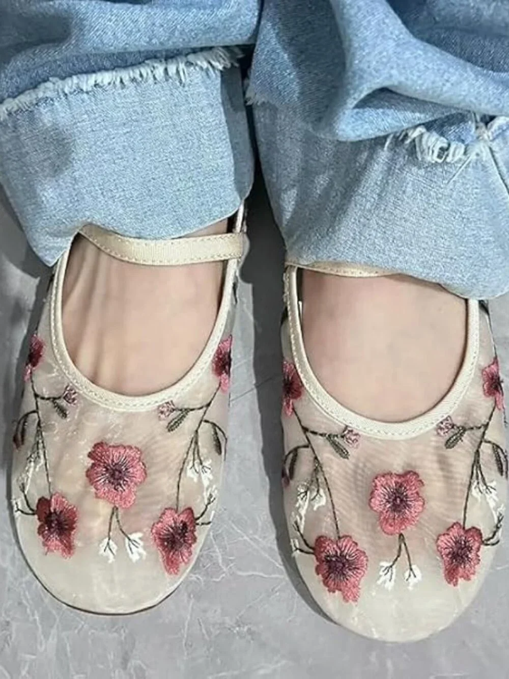Women's Beige Floral Mesh Ballet Flats Strap Round Toe Slip On Dressy Shoes
